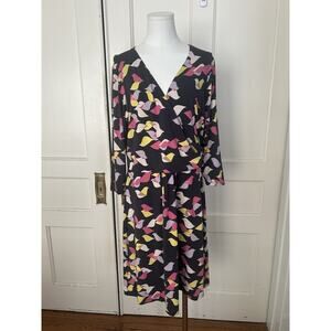 Boden Faux Wrap Stretch Bird Novelty Print Midi Dress Womens SIze 16 Gray Pink